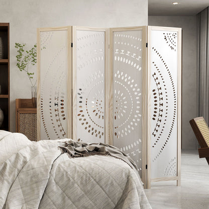 66 Inch Boho 4-Panel Room Divider Privacy Screen with Carved Pattern