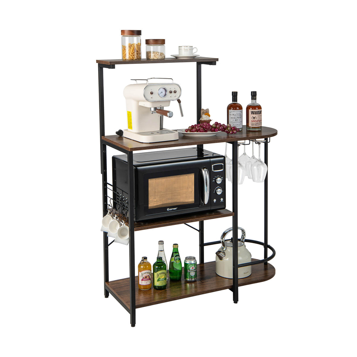 4-Tier Kitchen Bakers Rack with 6 S-Hooks and Stemware Racks-Rustic Brown
