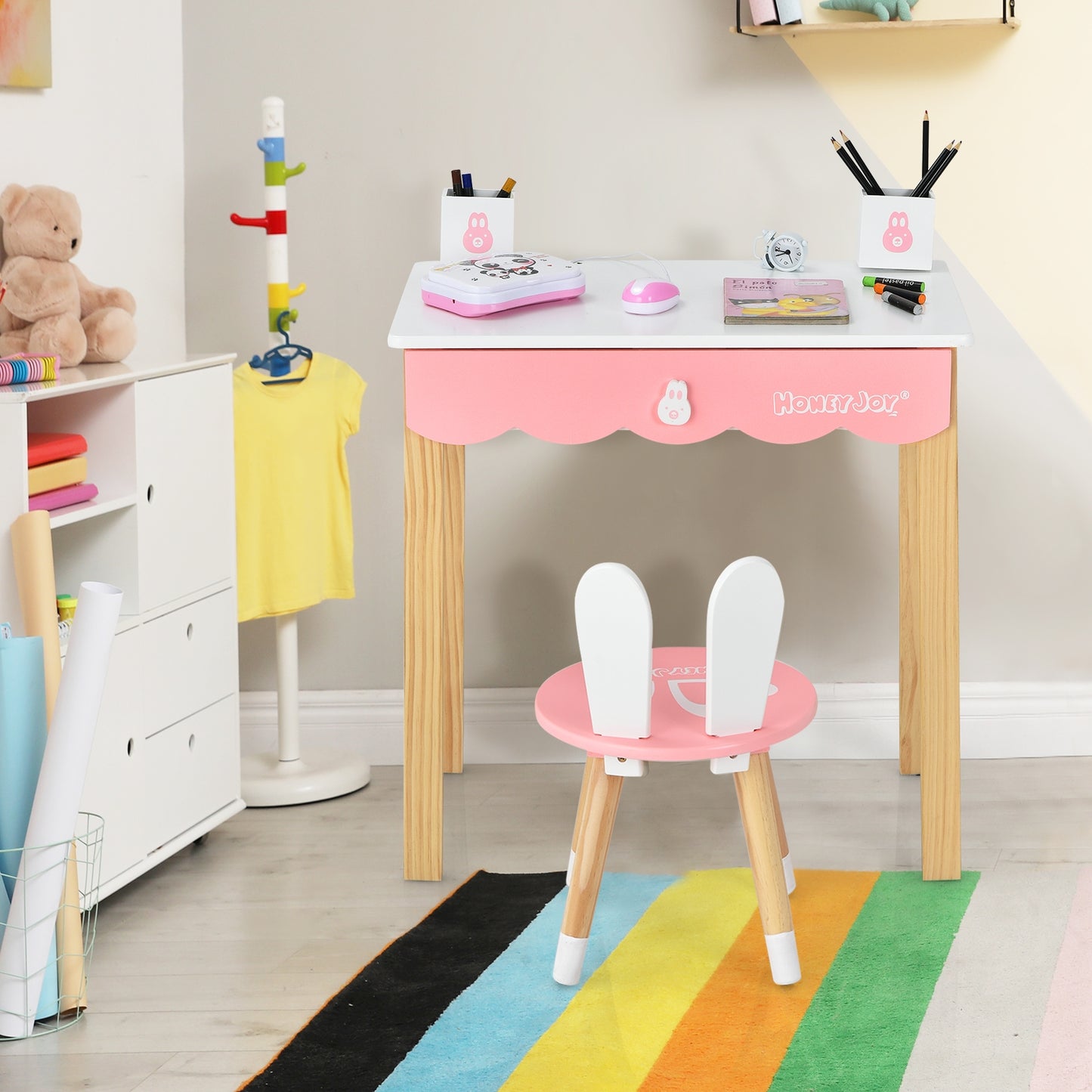 Kids Vanity Table Set with Mirror, Drawer & Chair - White