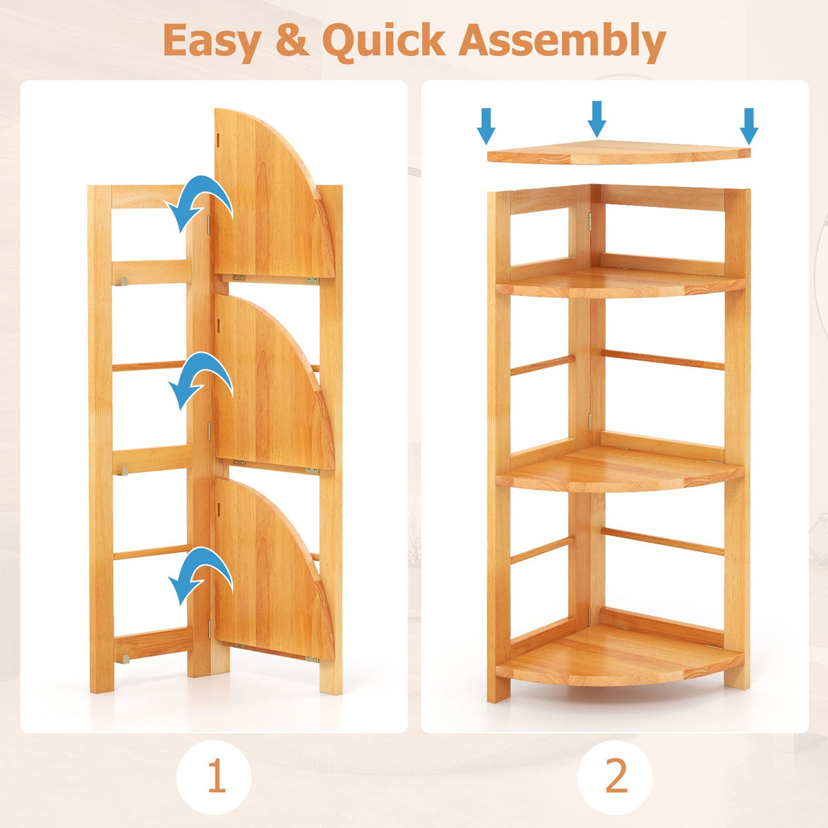 4-Tier Corner Shelf with Rubber Wood Frame and Anti-Toppling Kit