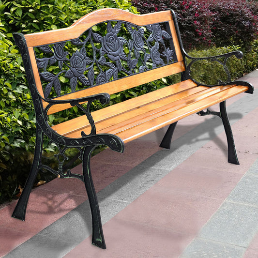 Outdoor Wooden Bench with Cast Iron Armrests - 49.5 Inch