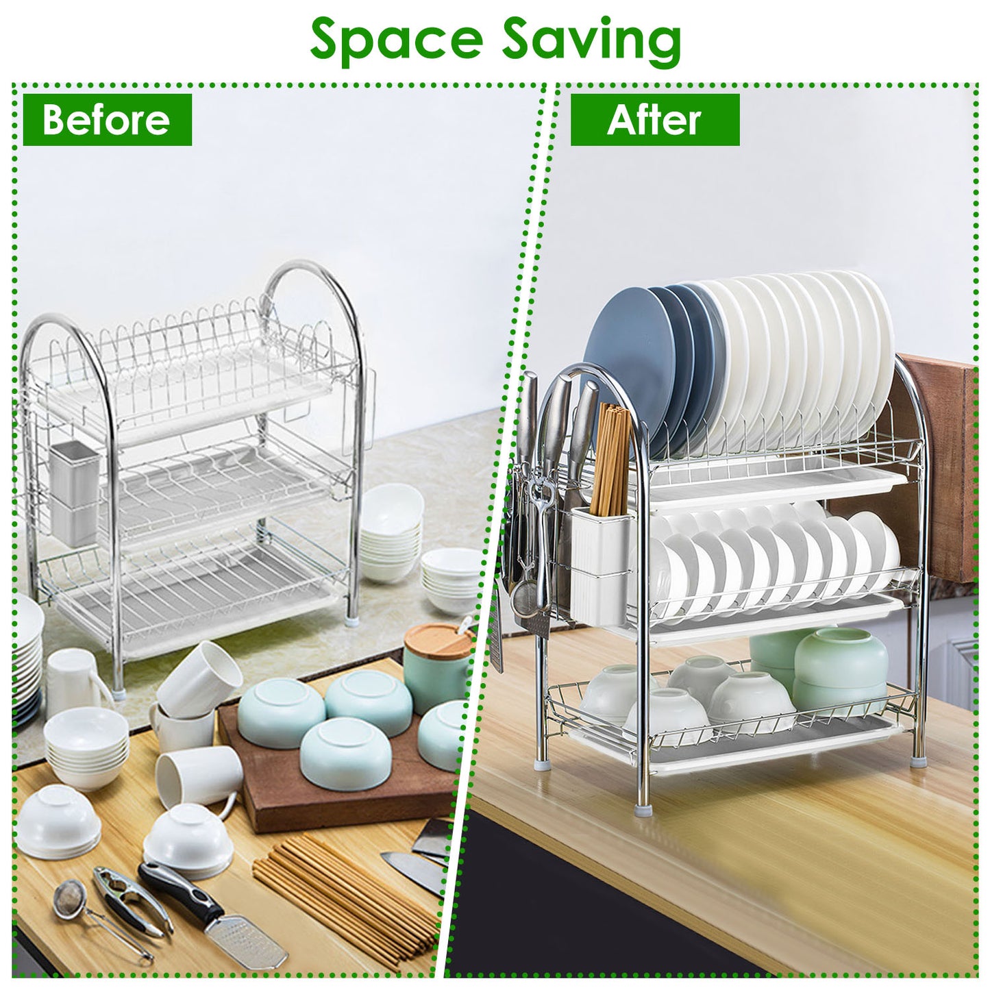 3-Tier Dish Drying Rack with Utensil Holder & Drain Trays