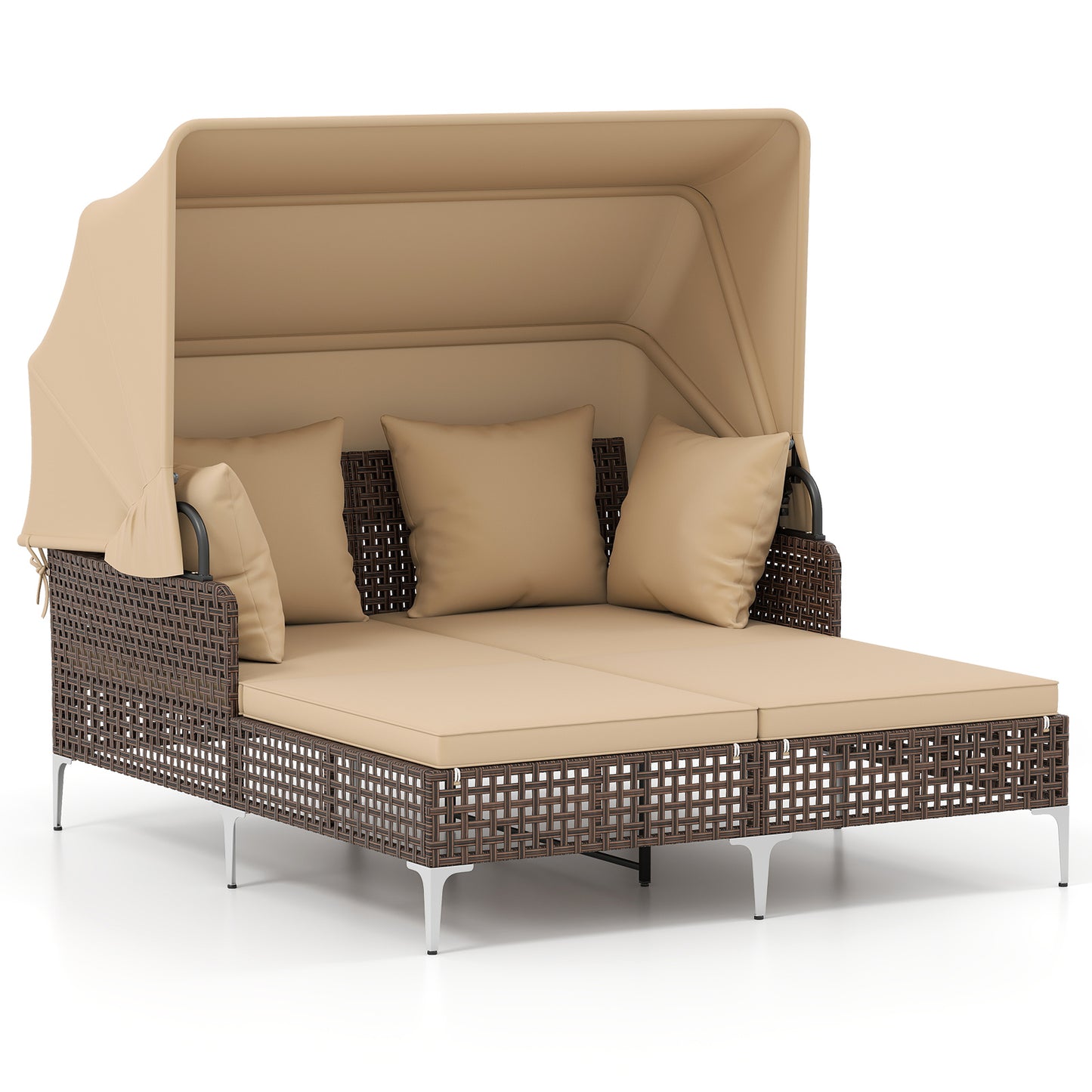 Outdoor Daybed with Retractable Canopy - PE Wicker Rattan