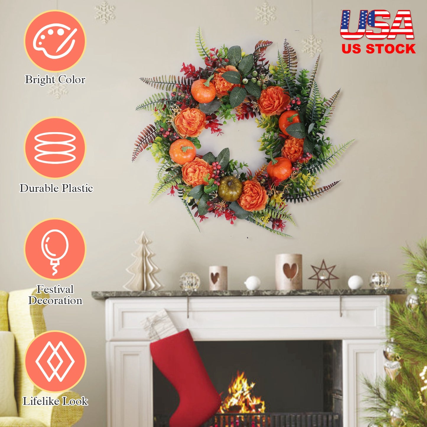 Autumn Wreath with Pumpkin and Mixed Leaves 17.71 Inch