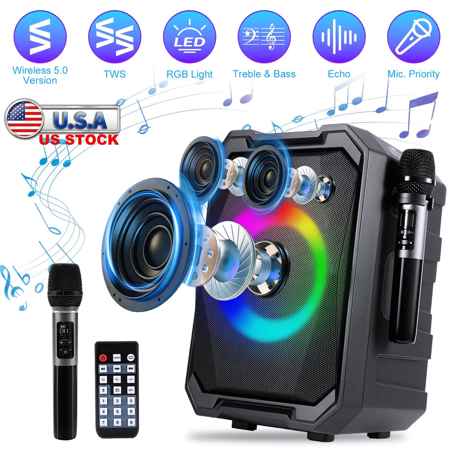 Portable Wireless Party Speaker with LED Lights & 2 Mics