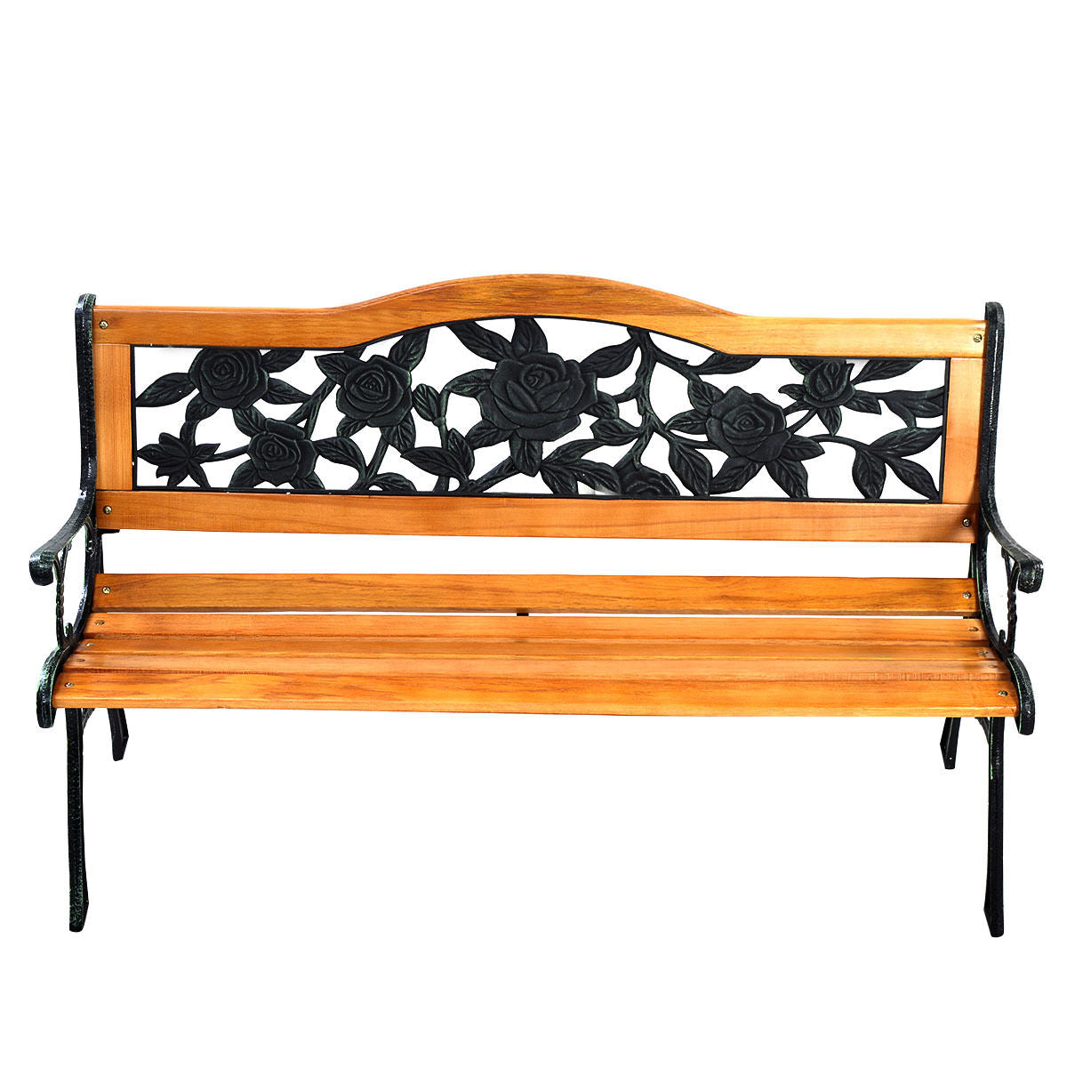 Outdoor Wooden Bench with Cast Iron Armrests - 49.5 Inch