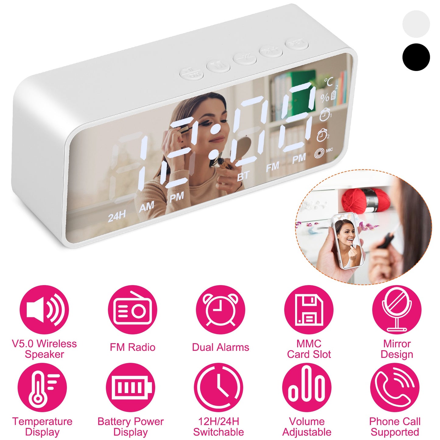Mirror Digital Alarm Clock with Bluetooth Speaker & FM Radio