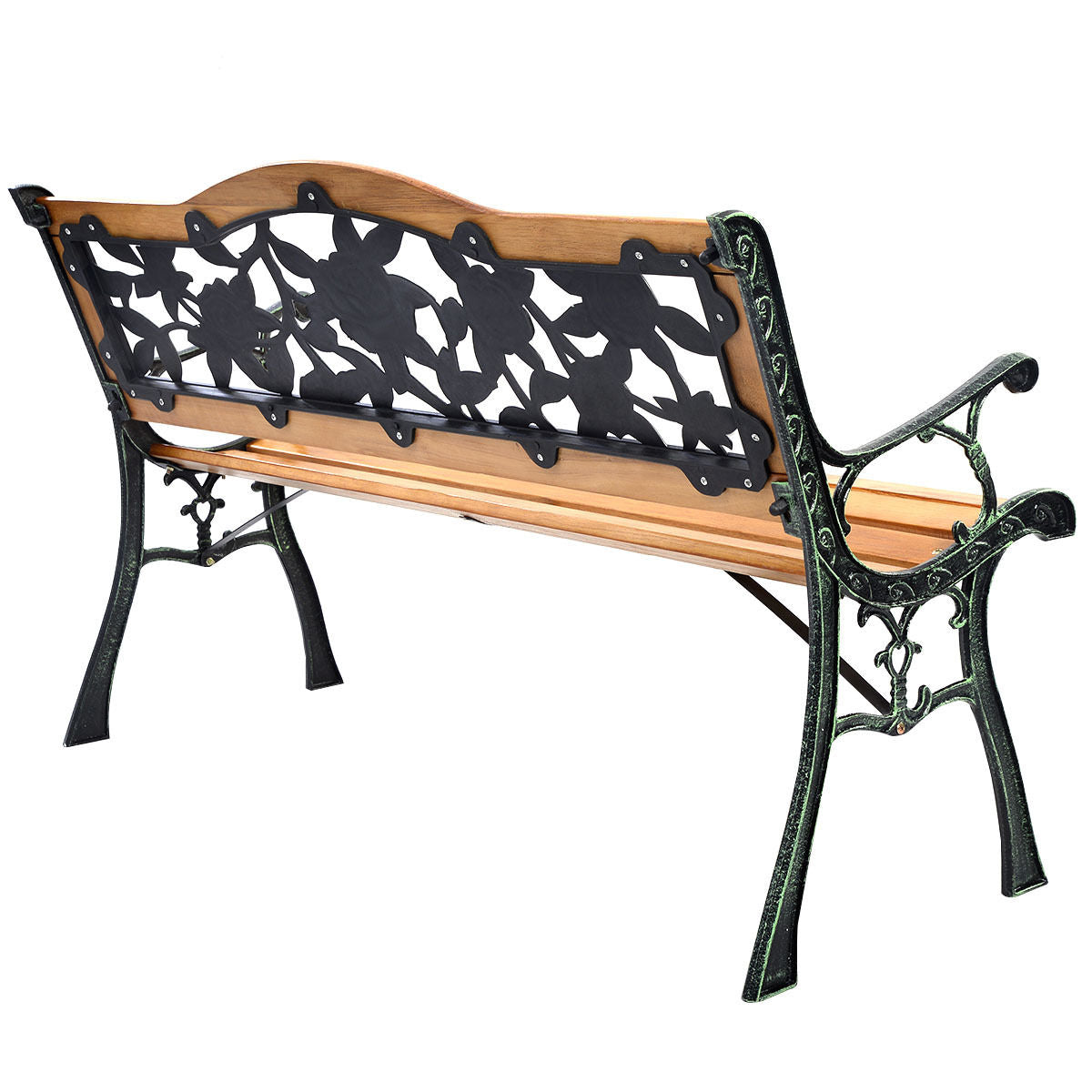 Outdoor Wooden Bench with Cast Iron Armrests - 49.5 Inch