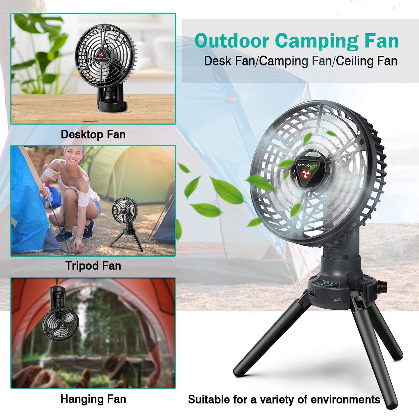 Camping Fan with LED Light & Power Bank - 270° Oscillating