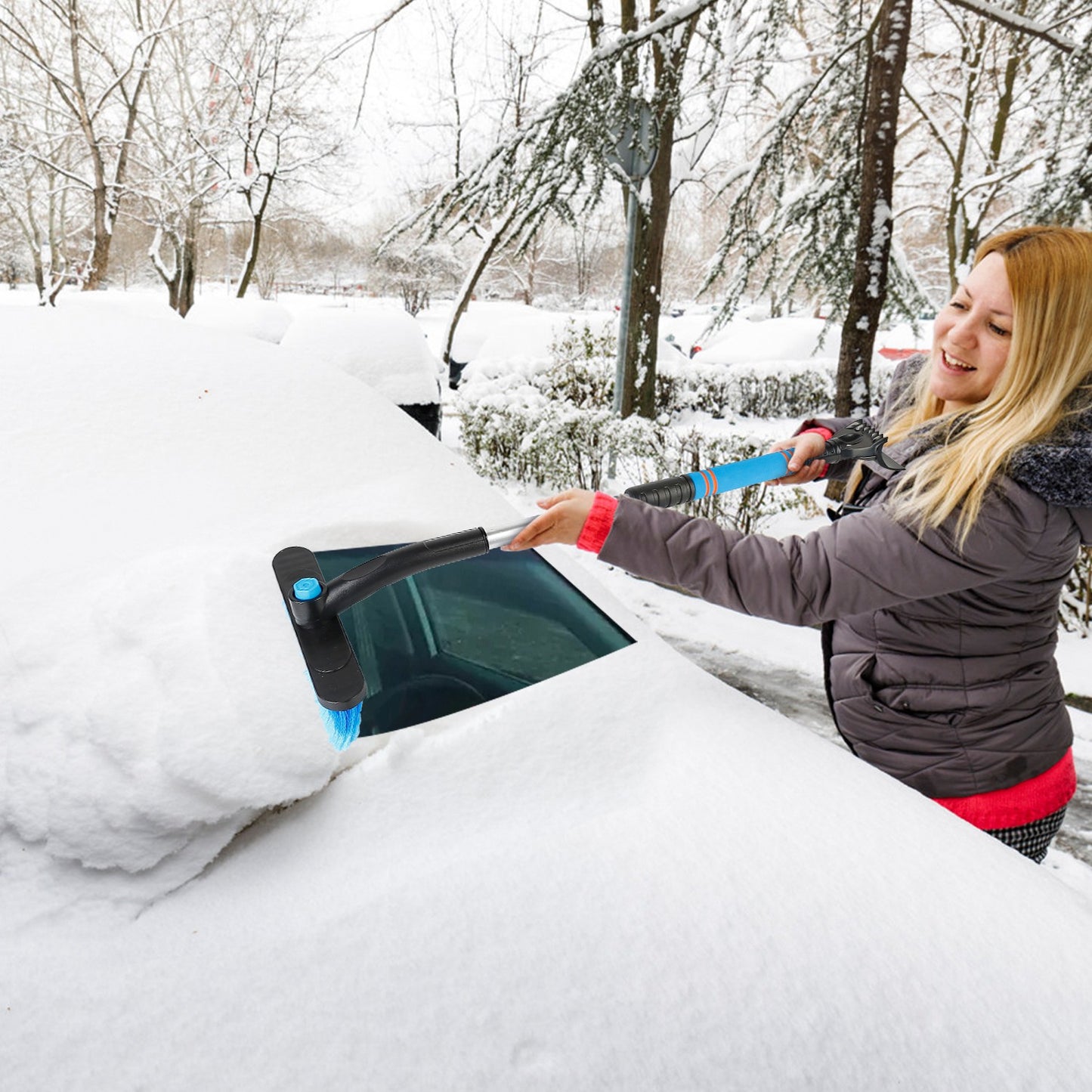 Extendable Snow Brush and Ice Scraper with Pivoting Head