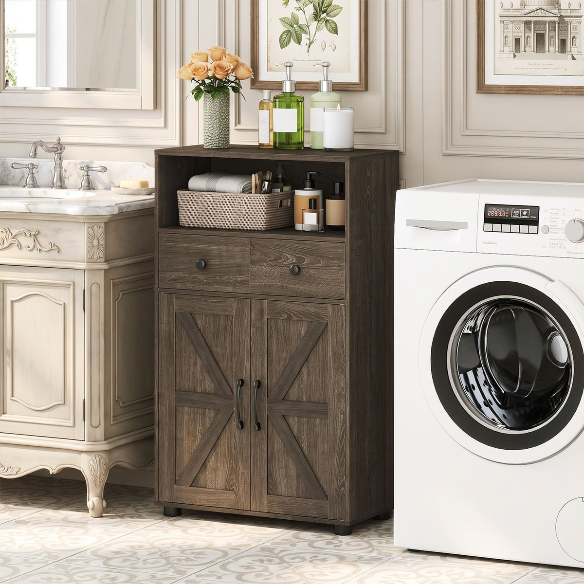 40" Bathroom Storage Cabinet with Drawers and Removable Shelf-Oak