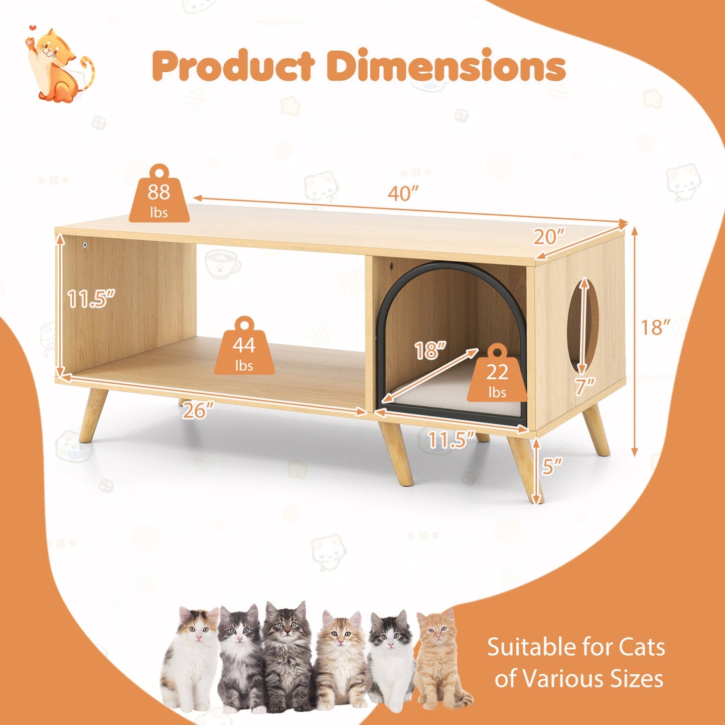 40 Inch Coffee Table Cat House 2-in-1 Wooden Kitten Furniture with Open Storage Shelf-Natural