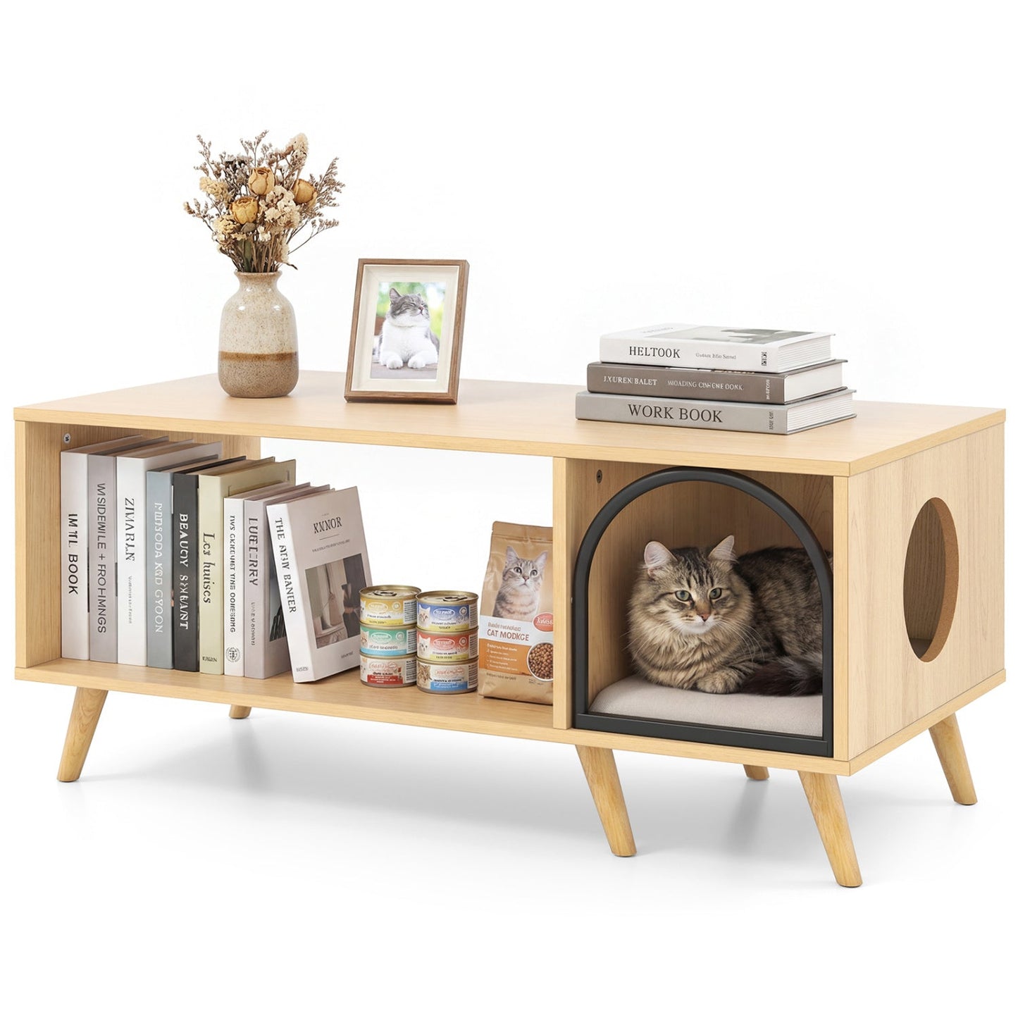40 Inch Coffee Table Cat House 2-in-1 Wooden Kitten Furniture with Open Storage Shelf-Natural