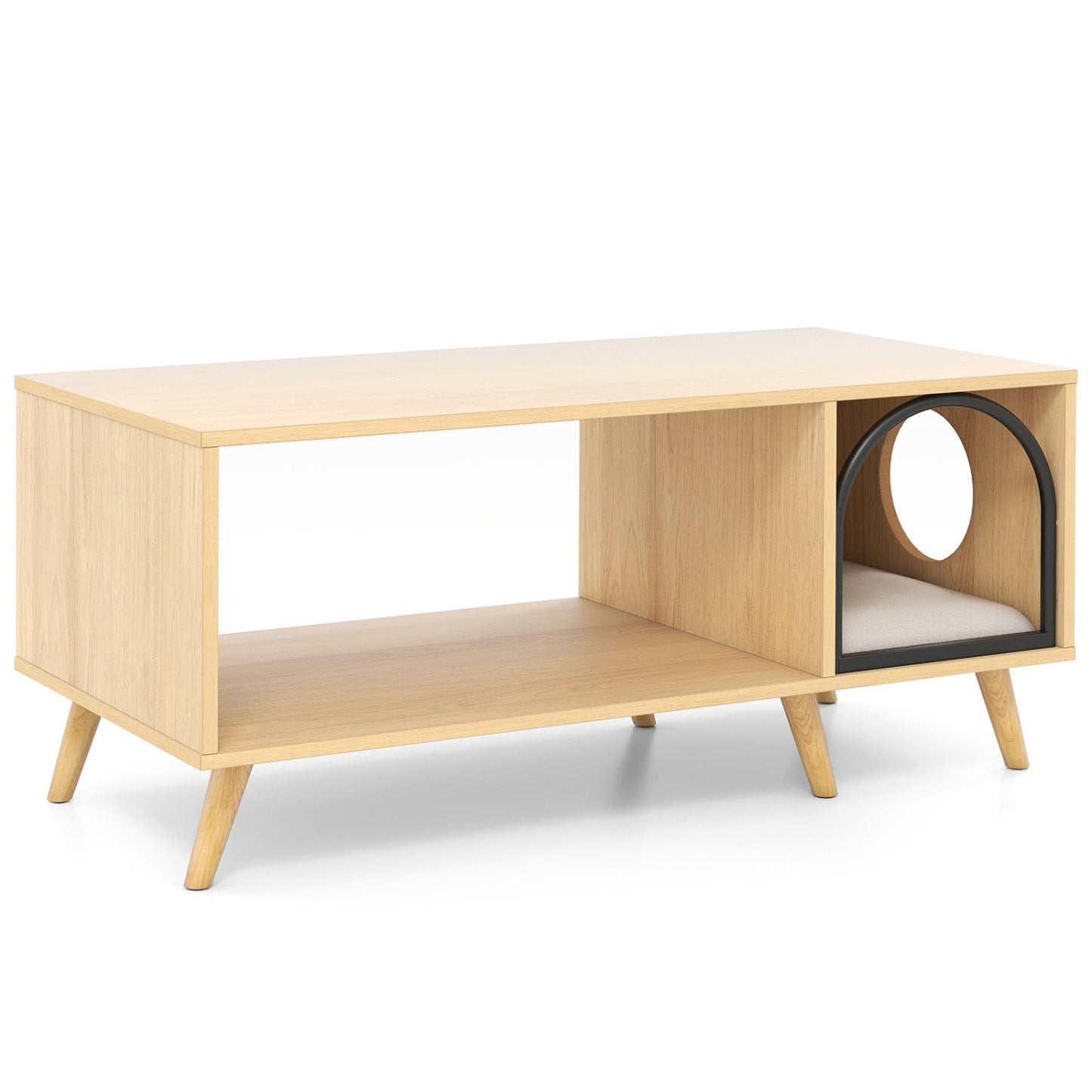 40 Inch Coffee Table Cat House 2-in-1 Wooden Kitten Furniture with Open Storage Shelf-Natural