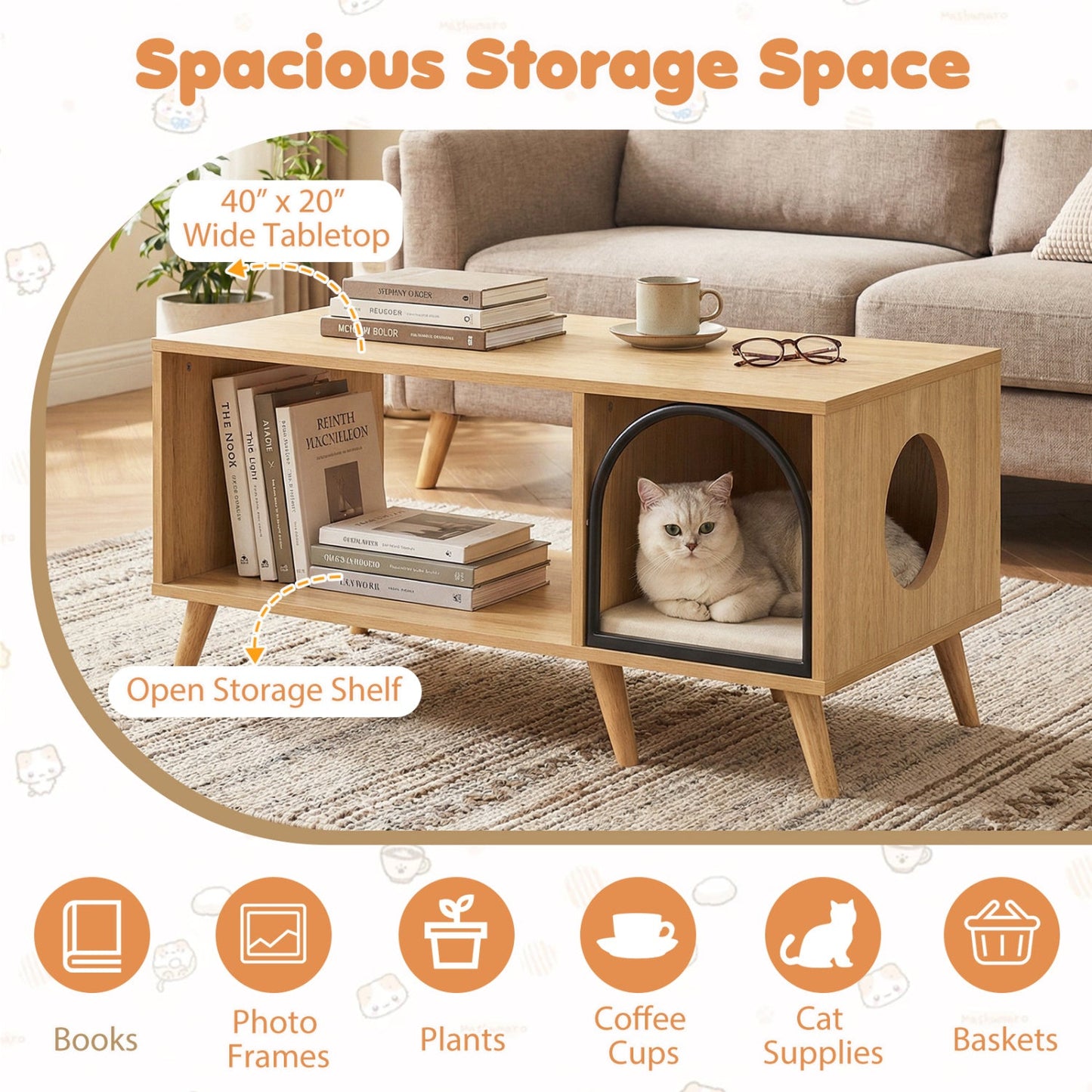 40 Inch Coffee Table Cat House 2-in-1 Wooden Kitten Furniture with Open Storage Shelf-Natural