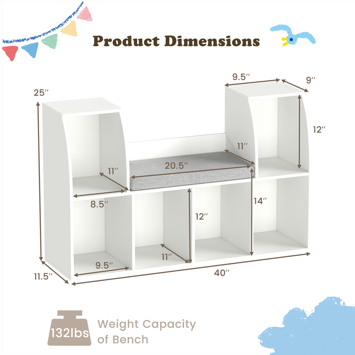 40 Inches Kids Bookshelf with Reading Nook Bookcase with 6 Open Cubes-White