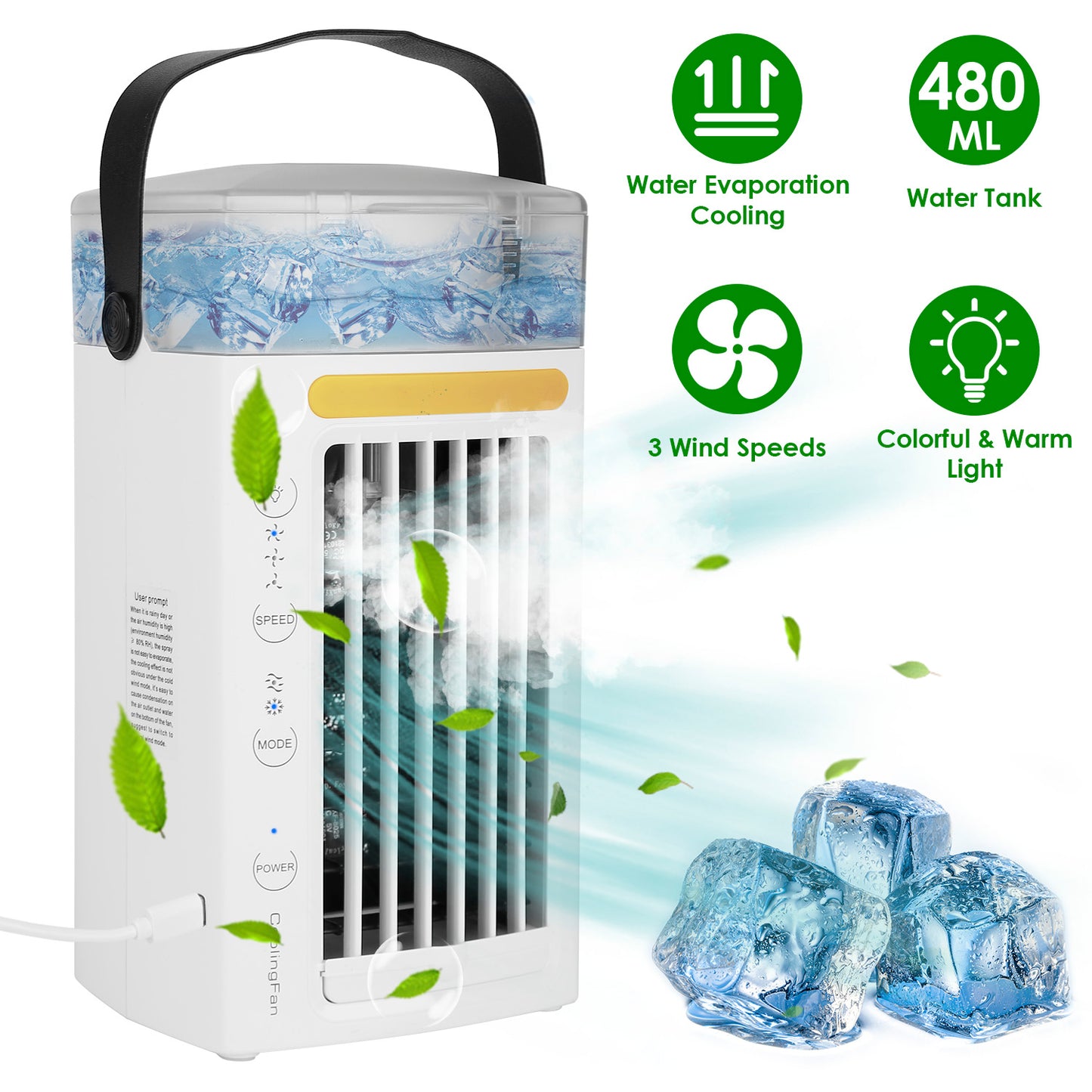 Portable Evaporative Air Cooler with Mist & 3 Speed Fan
