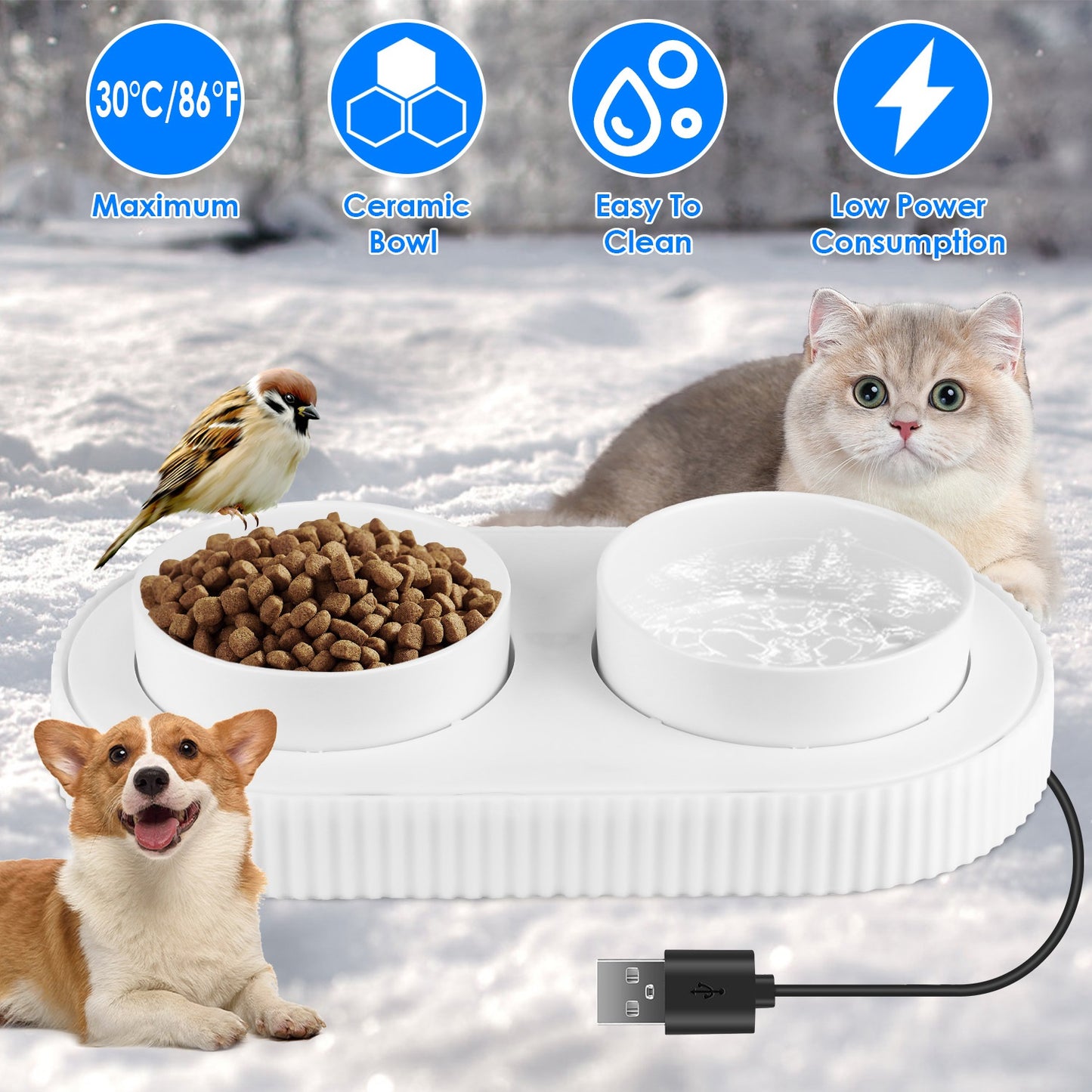 Heated Pet Water Bowl - USB Powered Ceramic Non-Freezing