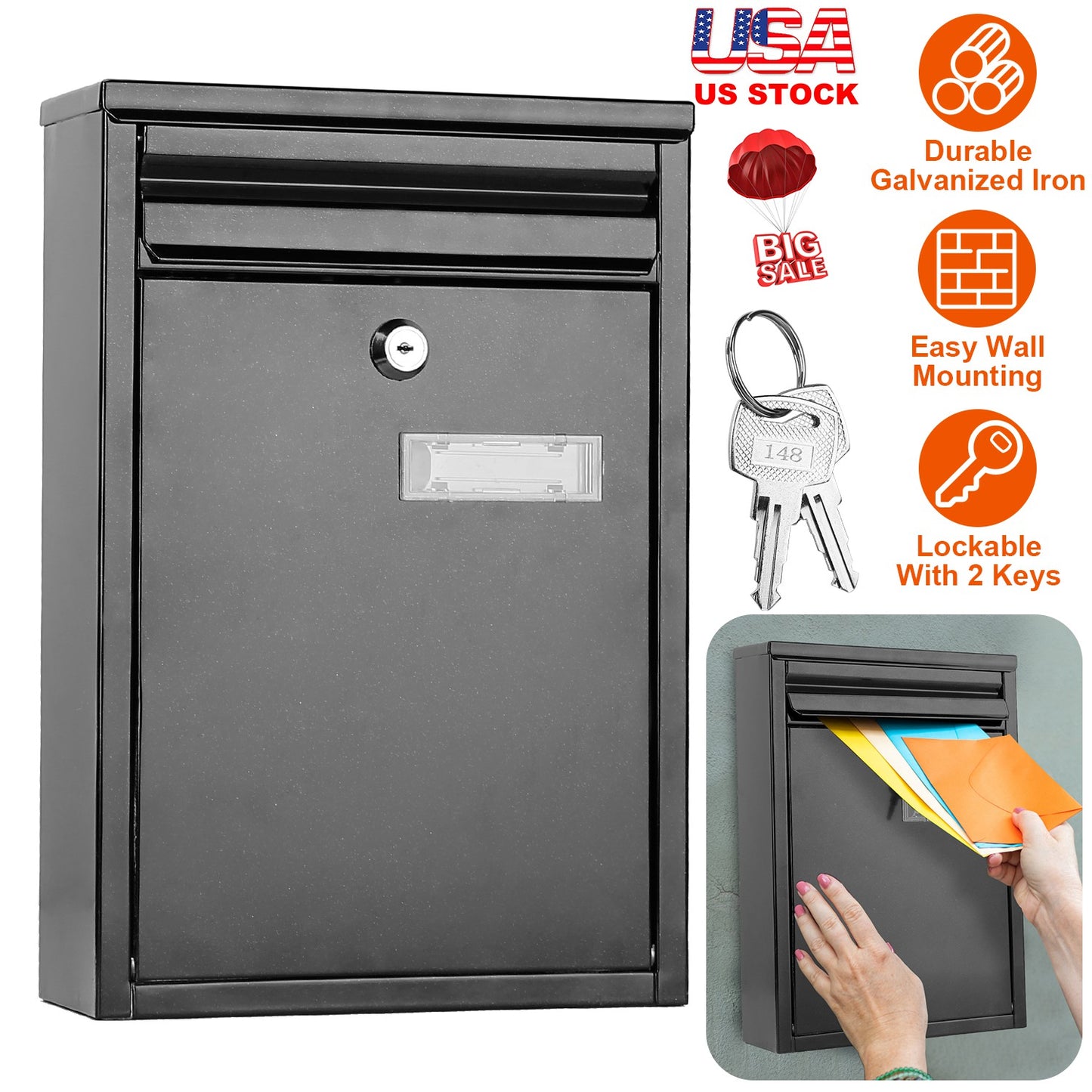 Wall Mount Mailbox with Lock - Galvanized Iron Secure Letter Box