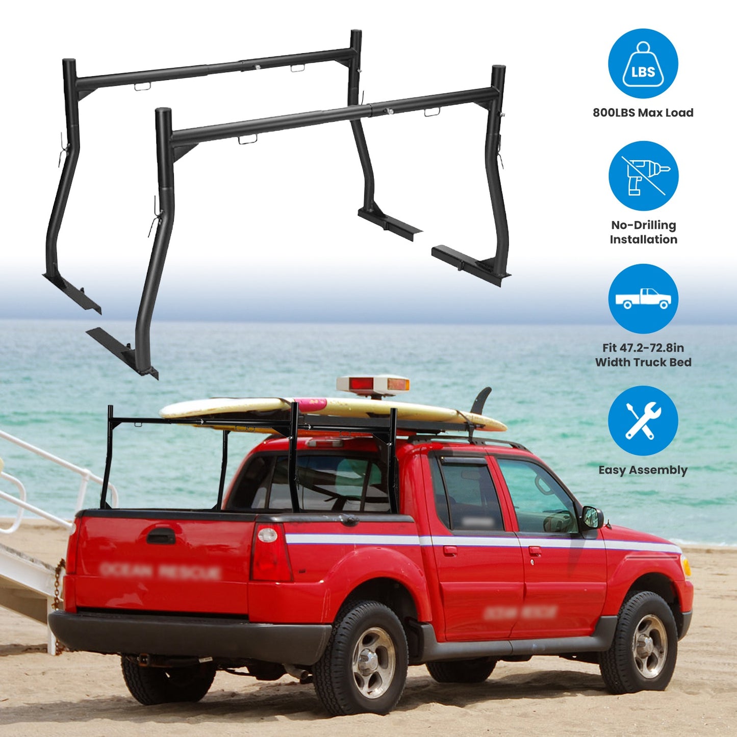 Extendable Truck Ladder Rack 800lbs Capacity No-Drill Install