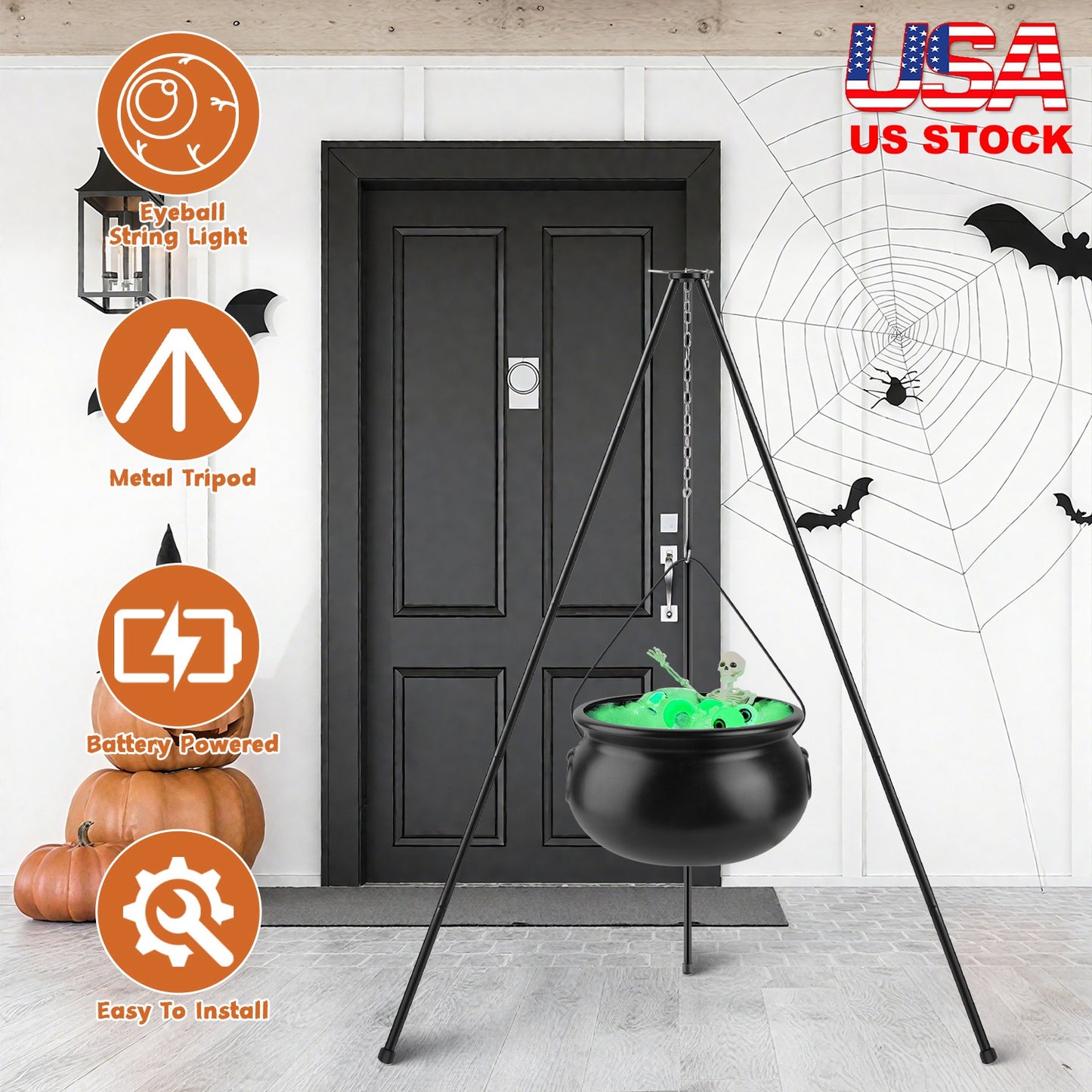 Halloween Witch Cauldron with 56" Tripod & LED String Lights