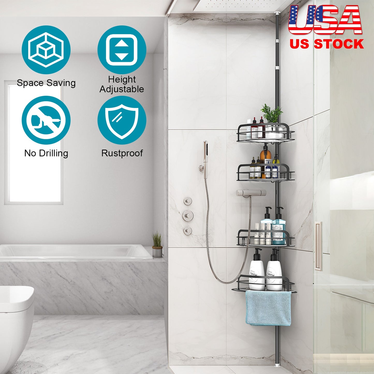 Corner Shower Caddy with 4 Adjustable Shelves
