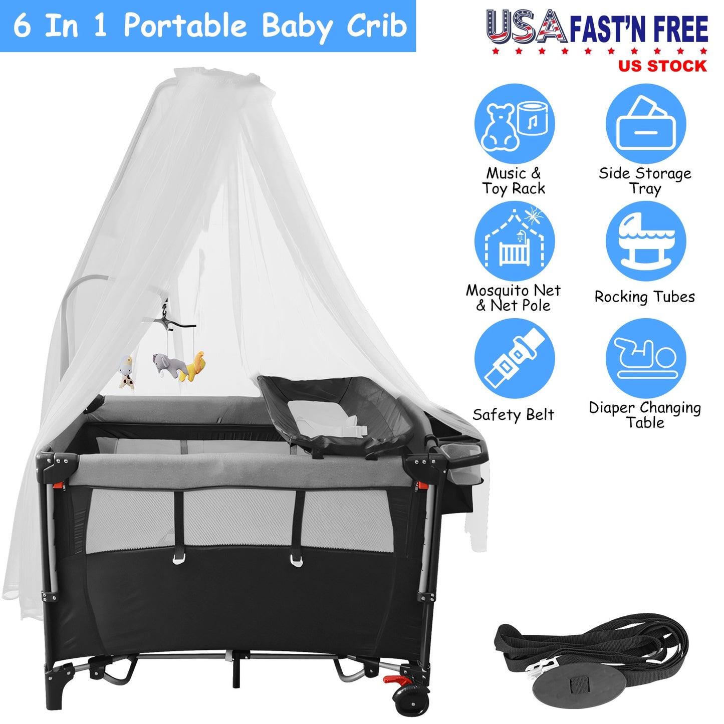 6-in-1 Foldable Baby Crib with Changing Table & Activity Center