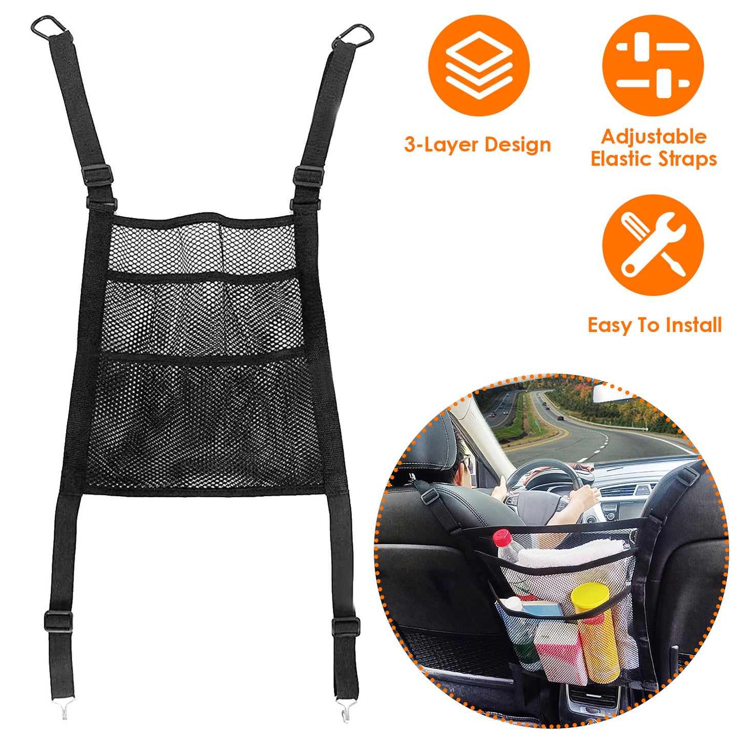 Car Mesh Organizer 3-Layer Seat Back Storage Net with Pet Barrier