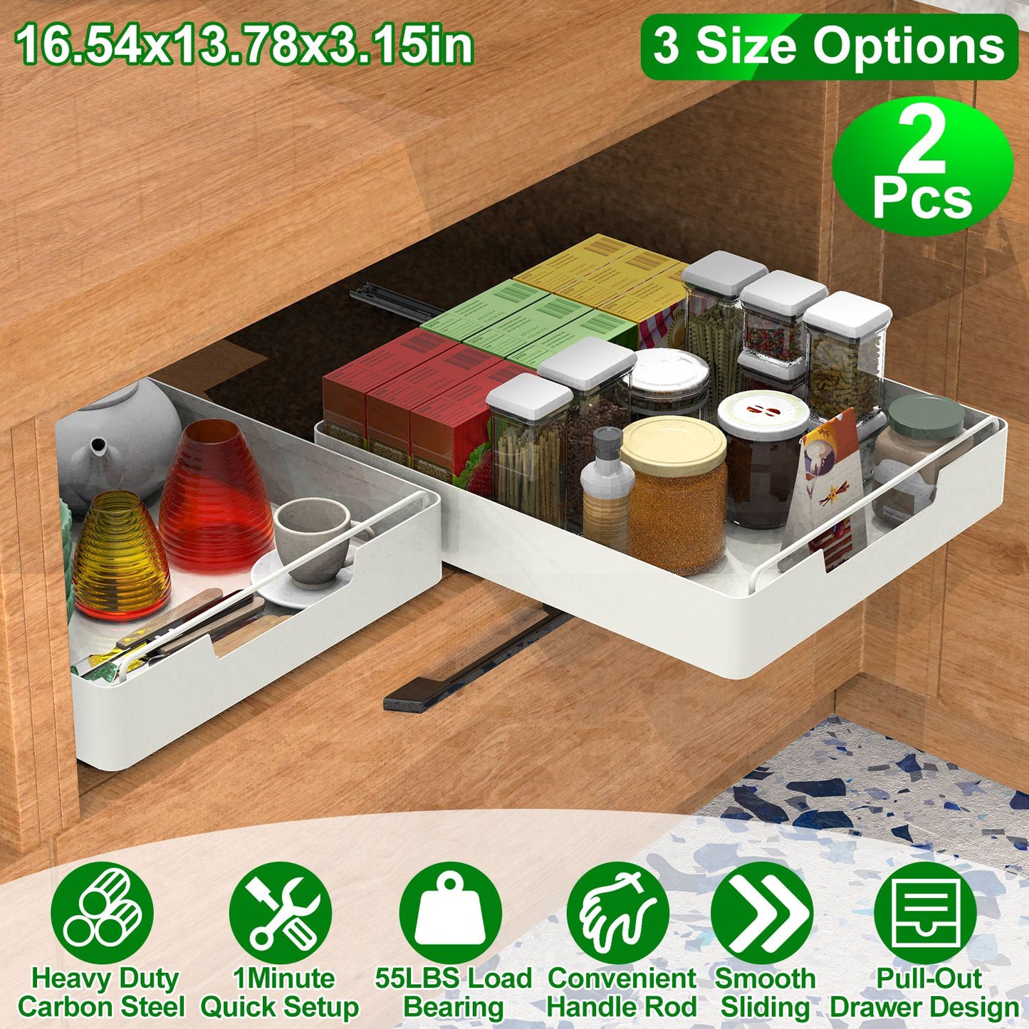 Pull Out Cabinet Organizers - 2 Pack Carbon Steel Sliding Drawers