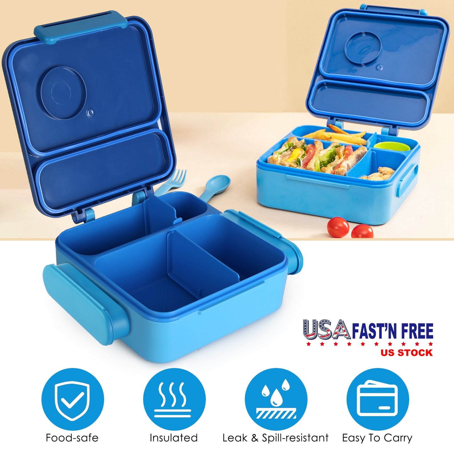 Kids Insulated Lunch Box with 2 Compartments & Utensils