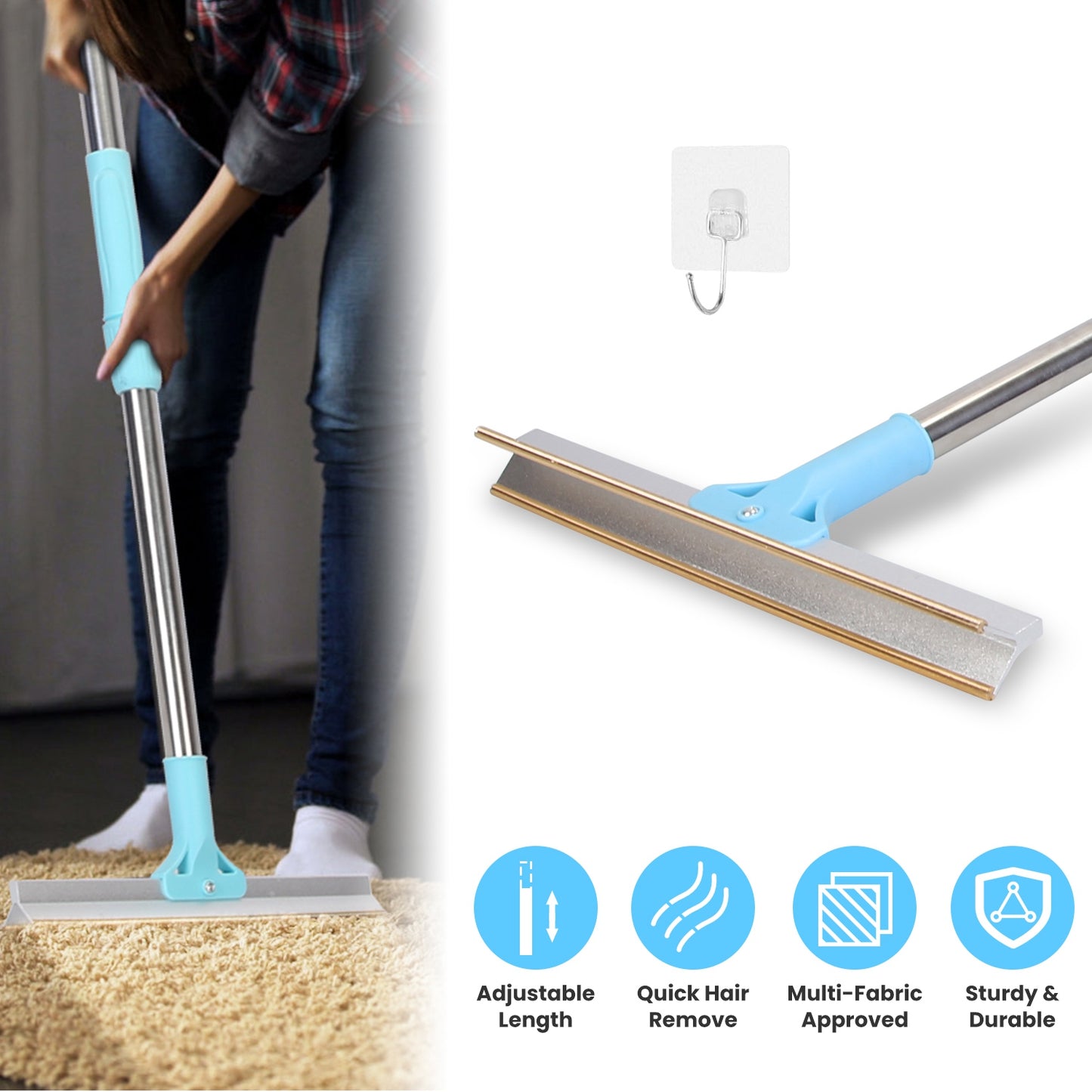 Pet Hair Removal Rake with 54" Adjustable Telescopic Handle