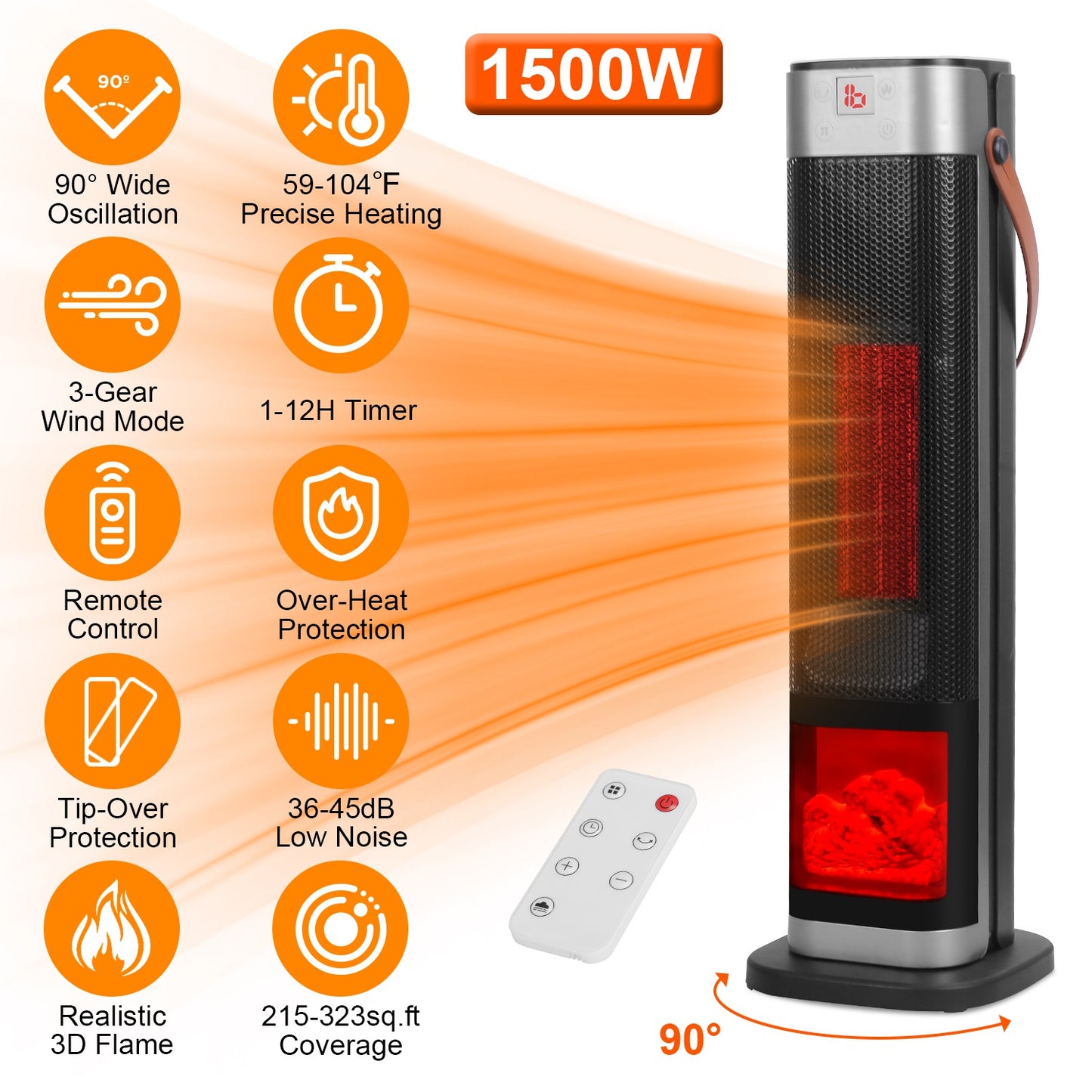 Oscillating Ceramic Tower Space Heater with Remote Control