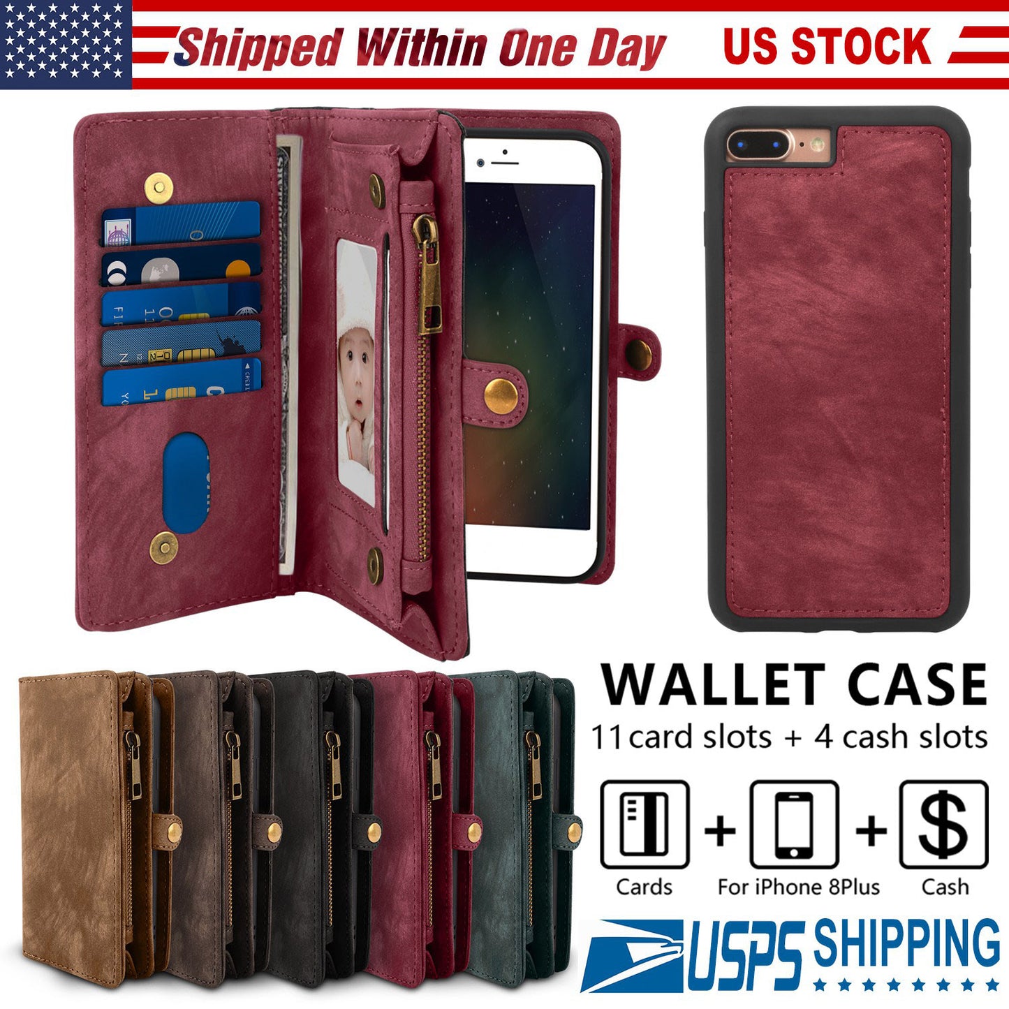 iPhone 8 Plus Wallet Case with 15 Card Slots & Detachable Cover