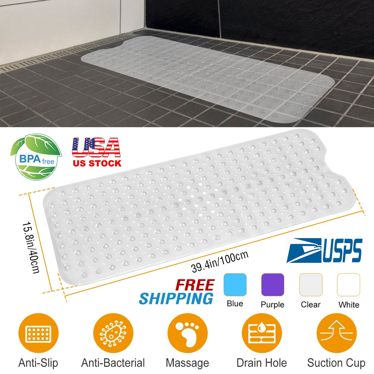 Non-Slip Bath Mat with Suction Cups and Massage Texture