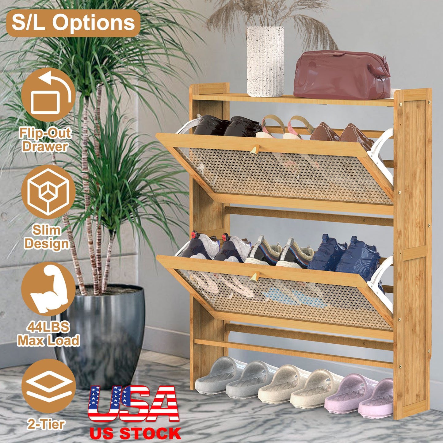 2-Tier Bamboo Shoe Cabinet with Flip Drawers for Entryway