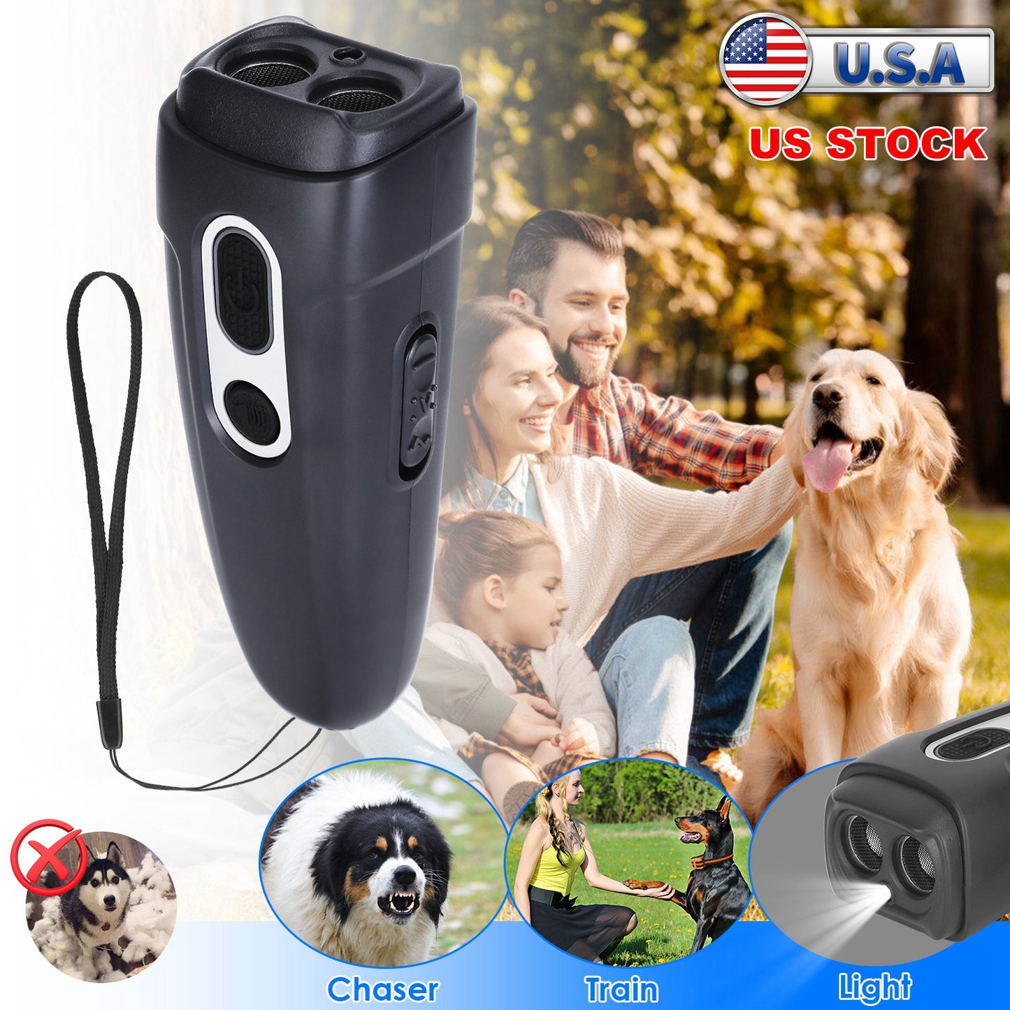 Ultrasonic Dog Barking Deterrent with LED Flashlight