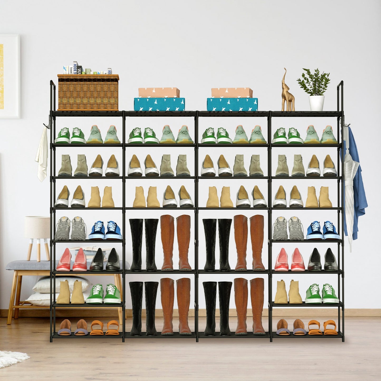 8-Tier Metal Shoe Rack - Holds 56 Pairs with Hooks