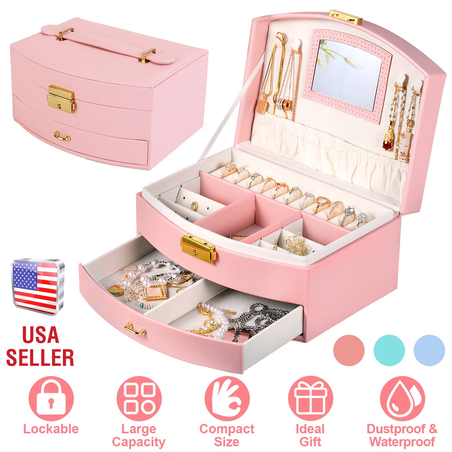 2-Layer Lockable Jewelry Box with Travel Handle & Mirror