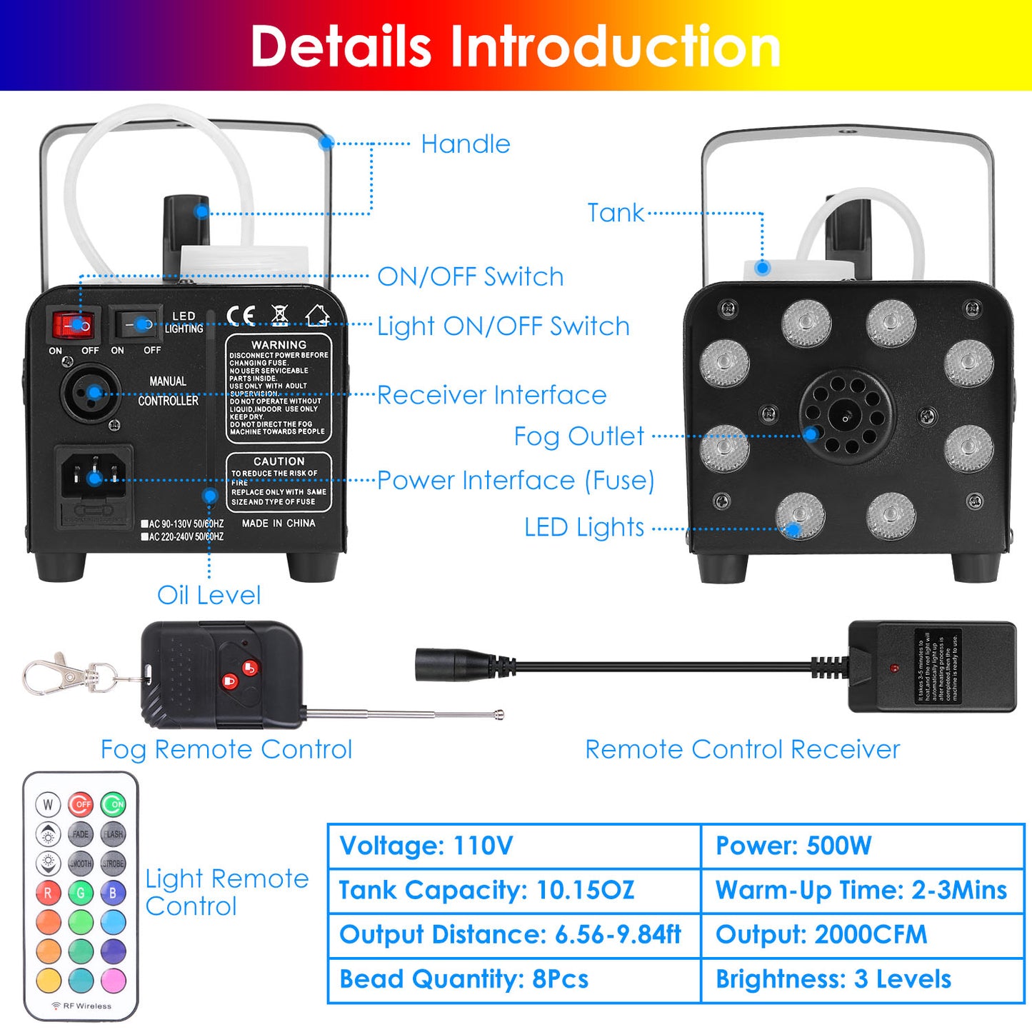 500W Fog Machine with LED Lights and Remote Control