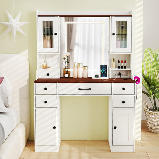 Makeup Vanity Table with Lighted Mirror and Power Outlets