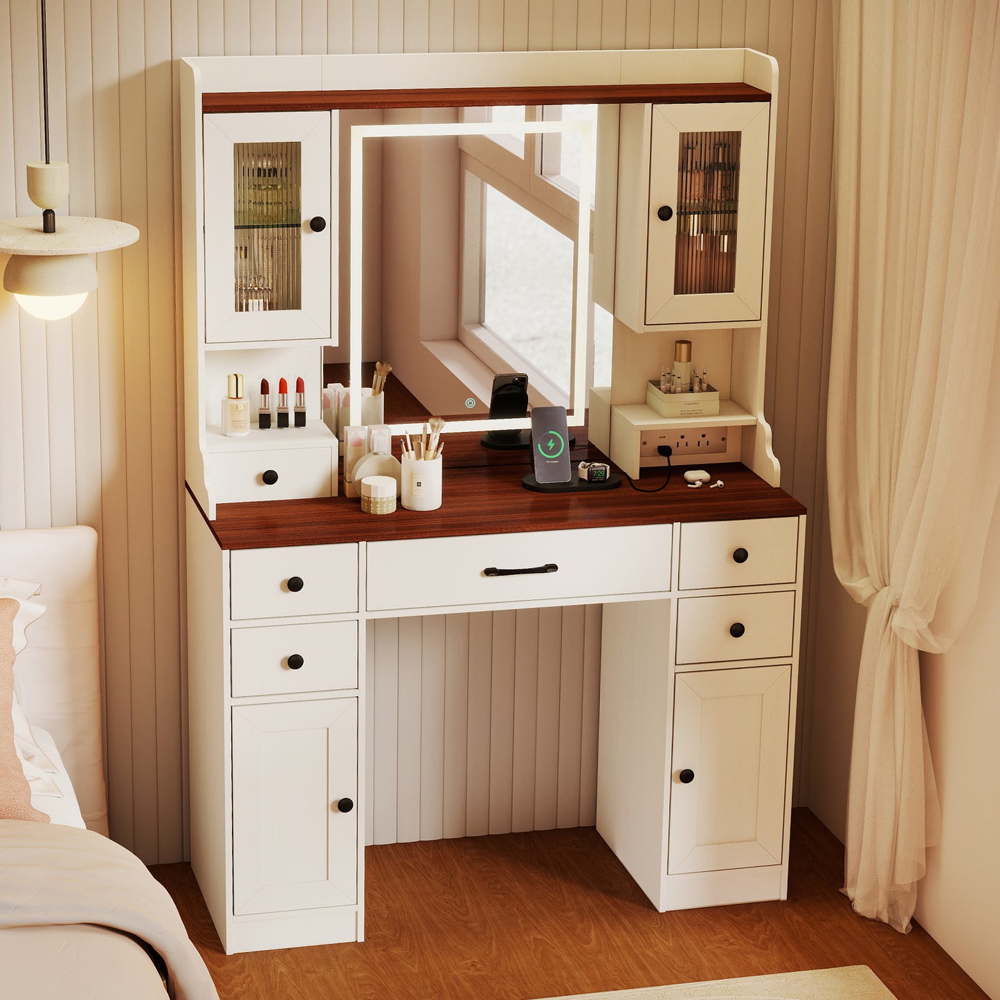 Makeup Vanity Table with Lighted Mirror and Power Outlets