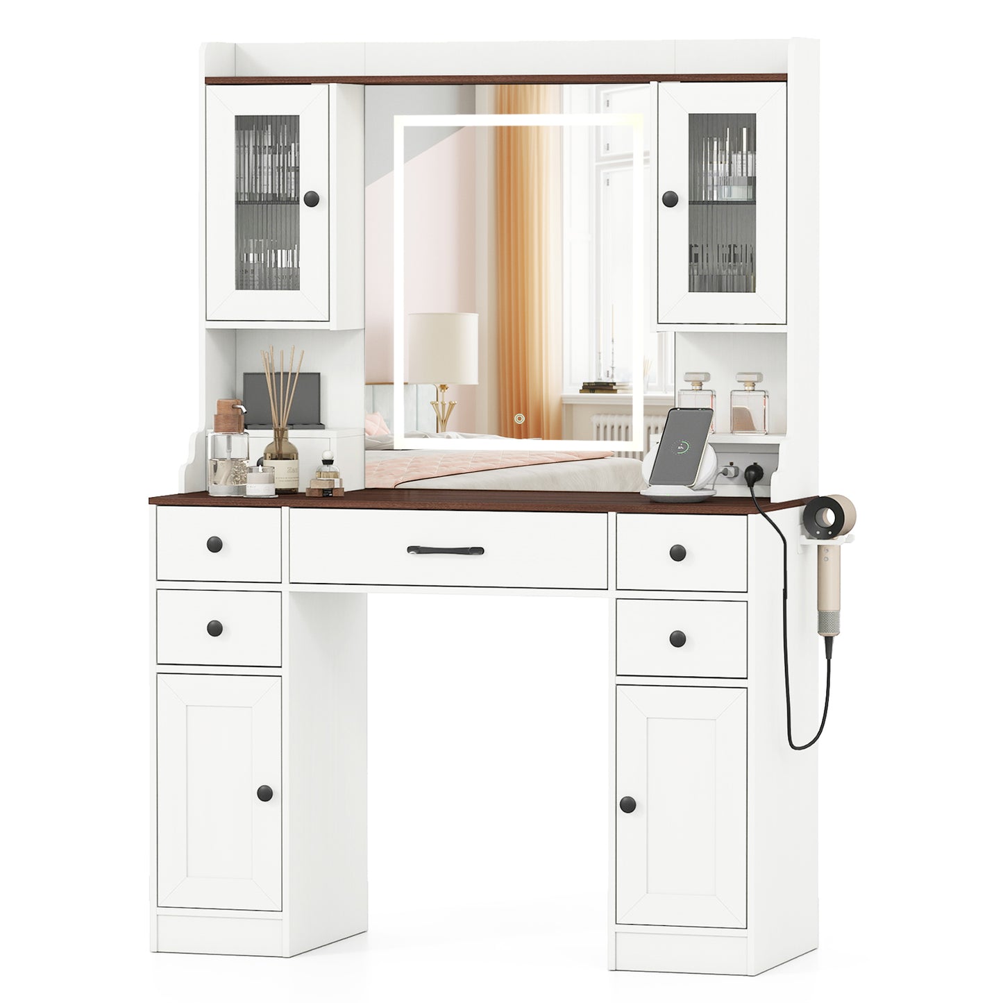 Makeup Vanity Table with Lighted Mirror and Power Outlets