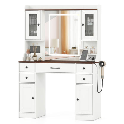 Makeup Vanity Table with Lighted Mirror and Power Outlets