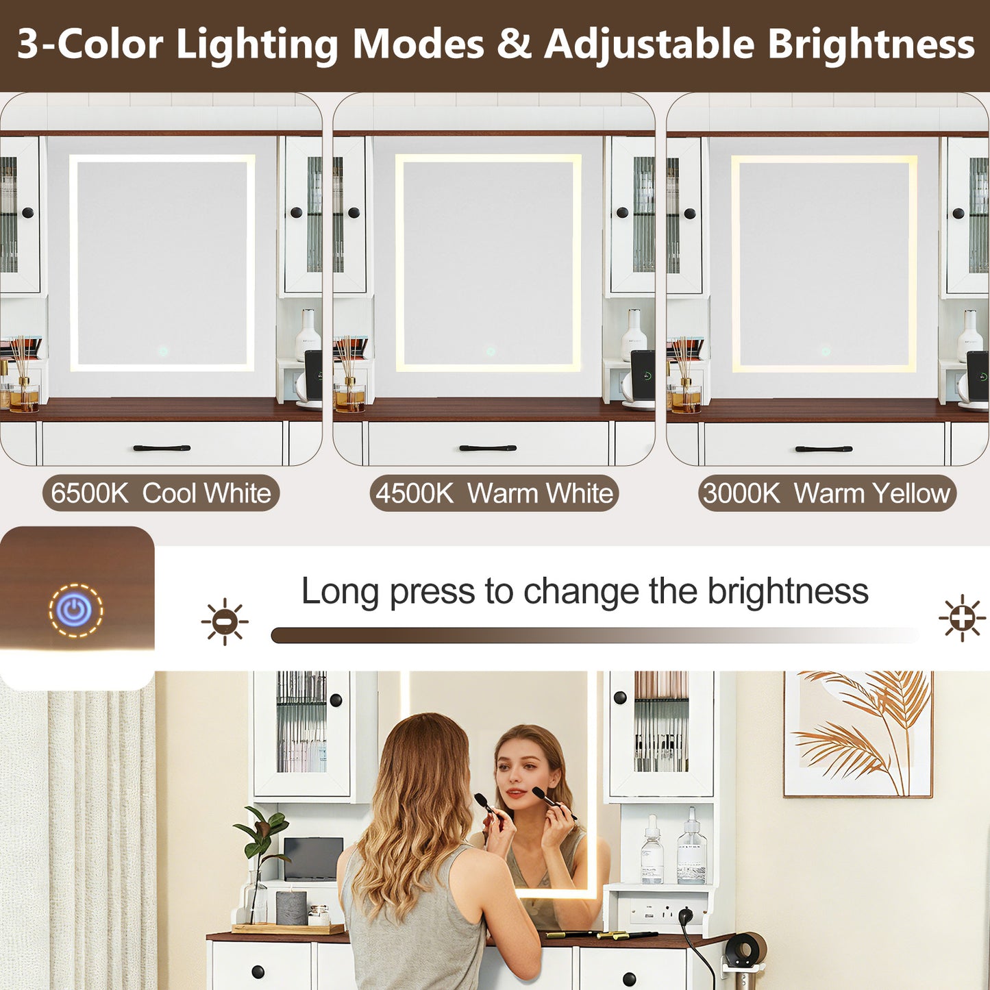 Makeup Vanity Table with Lighted Mirror and Power Outlets