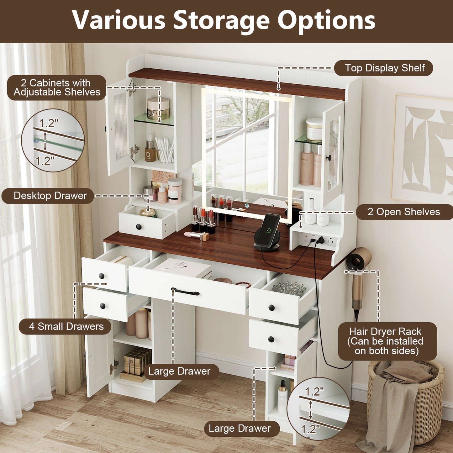 Makeup Vanity Table with Lighted Mirror and Power Outlets