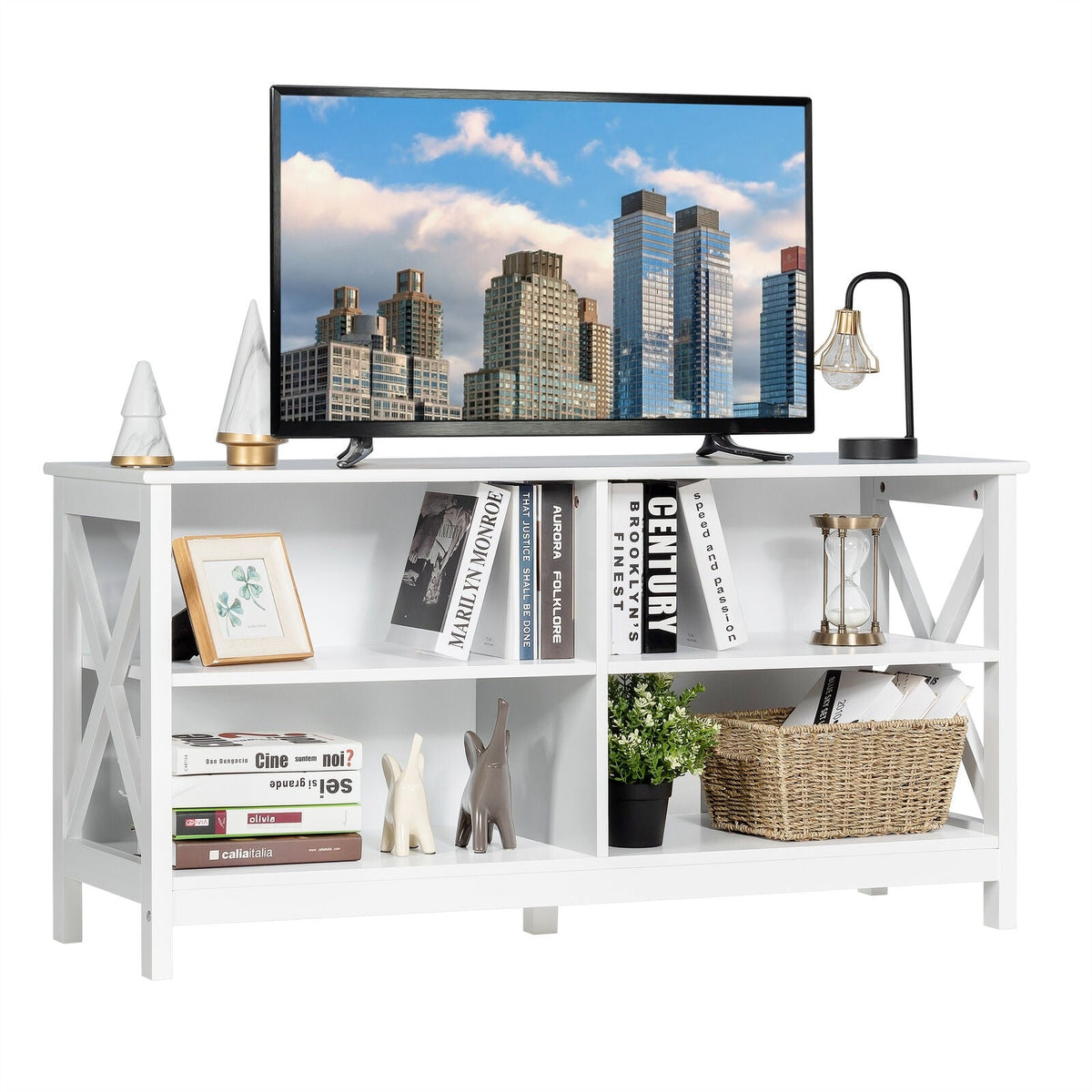 Wooden TV Stand Entertainment for TVs up to 55 Inch with X-Shaped Frame