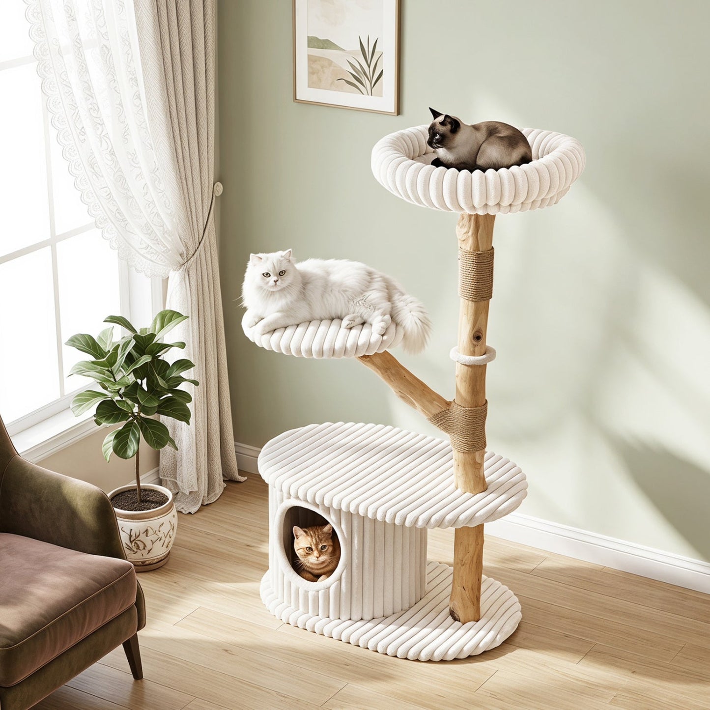 41-Inch Cat Tower with Real Wood Branches & Scratching Posts