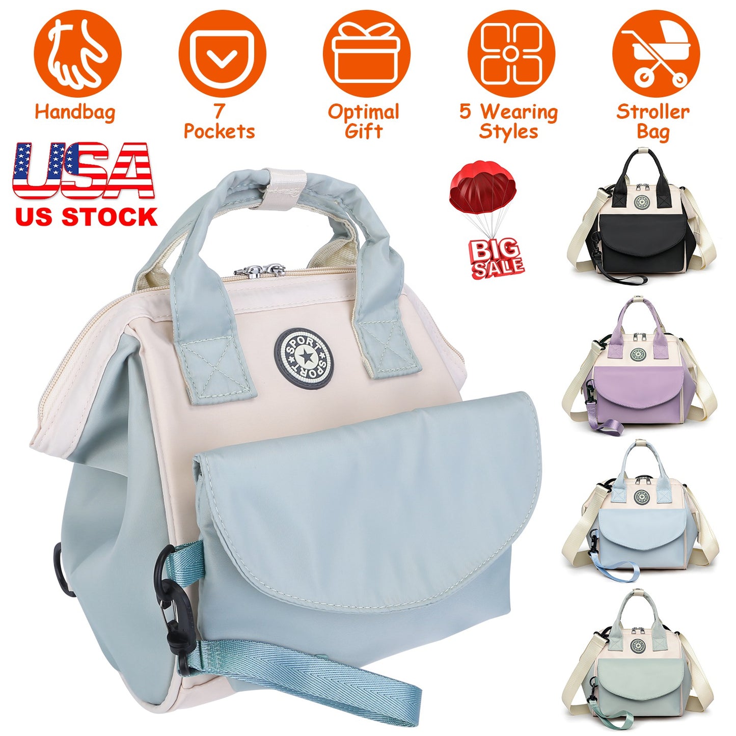 Diaper Bag with 6 Pockets and Detachable Small Bag