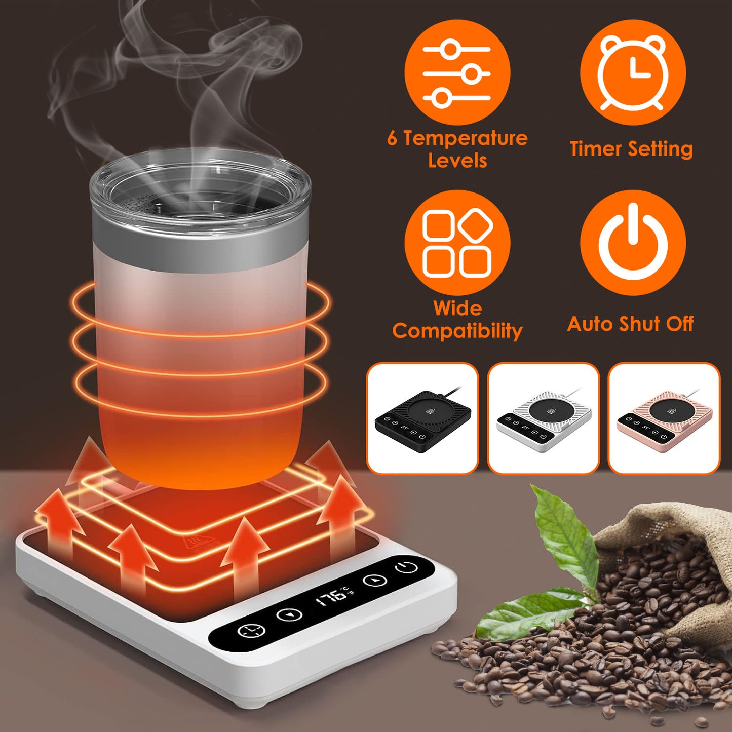 Electric Mug Warmer with 6 Temperature Levels & Auto Shut-Off