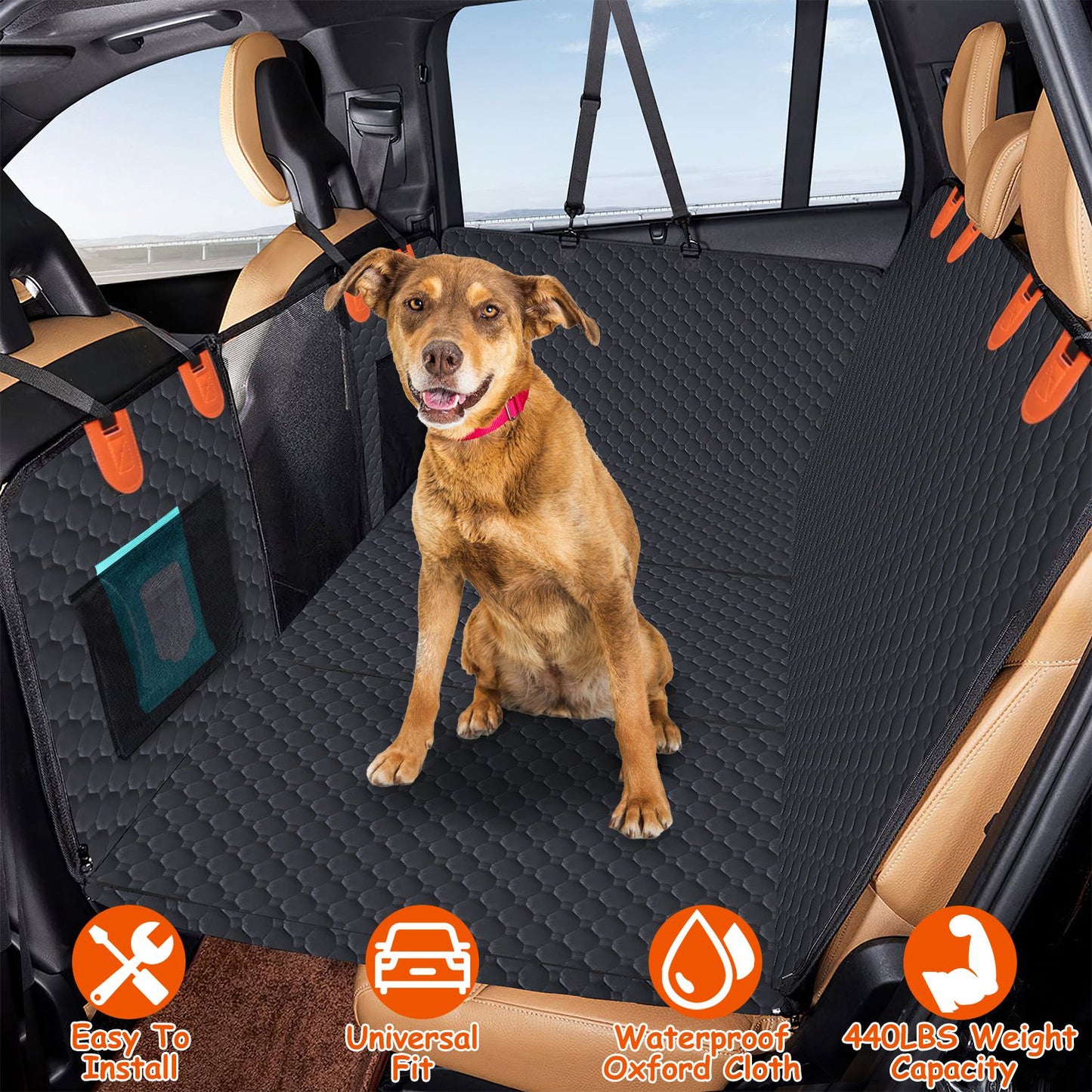 Dog Car Back Seat Cover with Mesh Window & Storage Bags